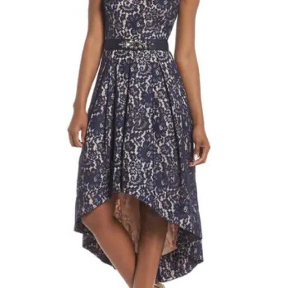 Eliza J Navy and Cream Lace High-Low Dress